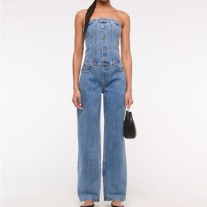 Abercrombie and fitch strapless dipped waist denim jumpsuit